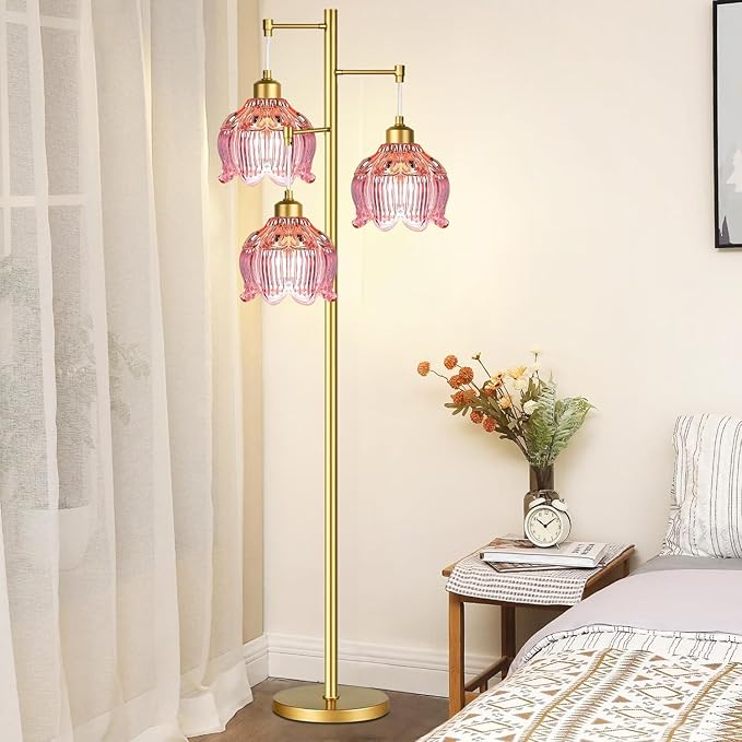 Glass Floor Lamp for Living Room,Bedroom,Gold Flower Mid Century Modern Standing Lamp Brass Tree 3 Light Tall Floor Lamps Vintage Floor Lights Pink Lamp Shade Farmhouse Boho Bohemian