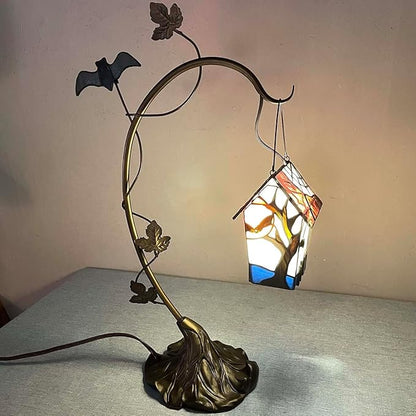 Bieye L10938 Spooky Graveyard Tiffany Style Stained Glass Birdhouse Table Lamp for Halloween Decor (21-inch High, Bat Nest)