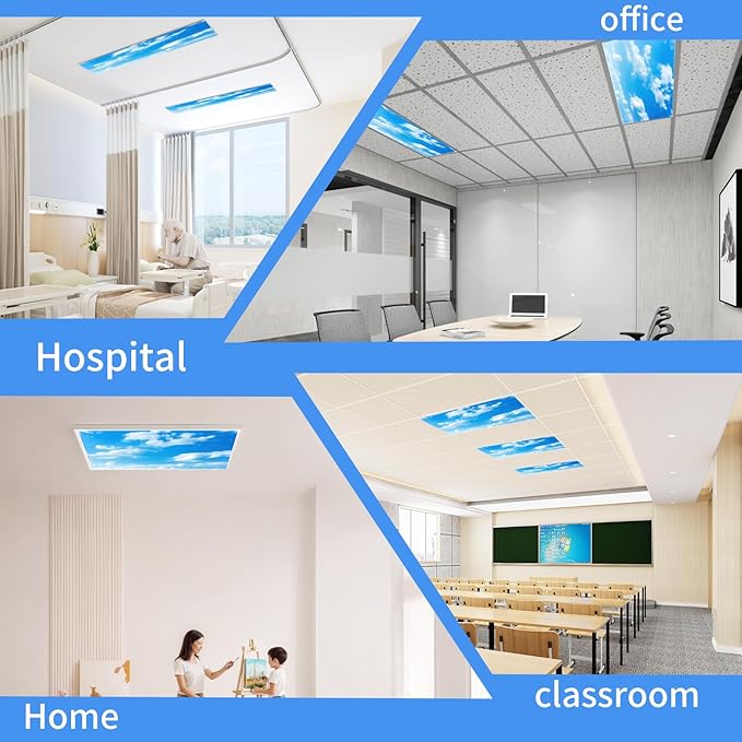 2pcs Fluorescent Light Covers - Light Covers for Ceiling Lights Classroom, Magnetic Light Filters for Office, Hospitals, Home 4 x 2 Feet (Blue sky and white clouds)