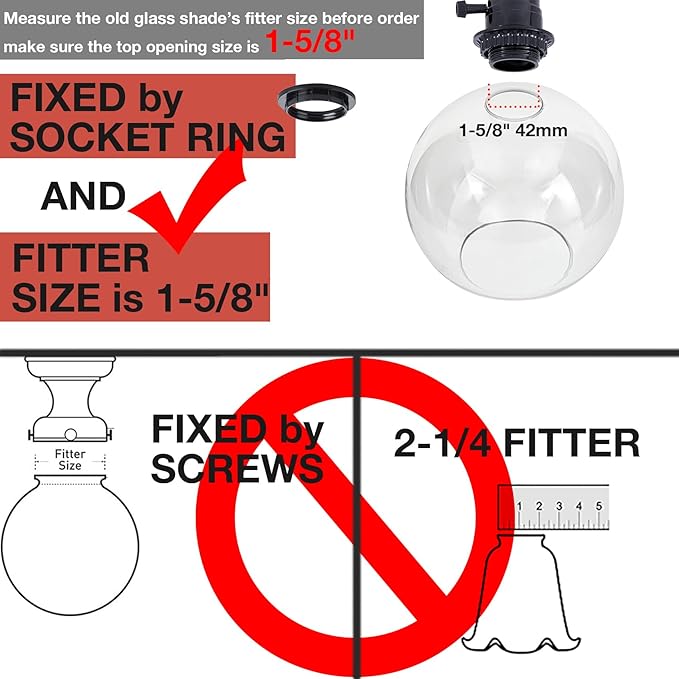 Glass Lamp Shade Replacement Globe for Light Fixture, 1-5/8 inch Fitter, 7.1" Diameter, 6.3" Height, Clear Glass Cover