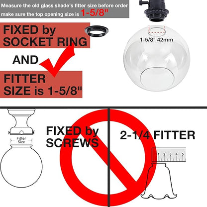 Glass Lamp Shade Replacement Globe for Light Fixture, 1-5/8 inch Fitter, 7.1" Diameter, 6.3" Height, Clear Glass Cover