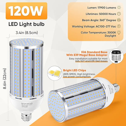 4 Pack 120W Corn LED Light Bulb 3000K,/Warm White(1200 Watt Equivalent) E26/E39 Large Mogul Base LED Cob Lamp 15,800LM for Outdoor Indoor Garage Warehouse Factory Workshop Street Backyard