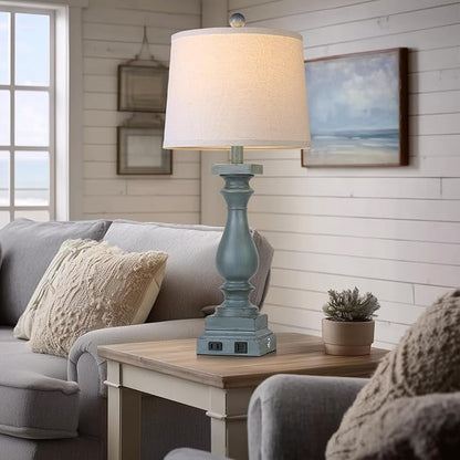 28" Tall Farmhouse Table Lamp with USB C+A Ports and AC Outlet, 3 Way Touch Control Rustic Bedside Lamp for Bedroom, Blue Vintage Nightstand Lamp for Living Room Office