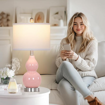 Double Gourd Ceramic Table Lamps Set of 2, Modern Pink Bedside Lamps for Night Stand, Contemporary Nightstand Lamps for Bedroom Living Room (Bulb Included)