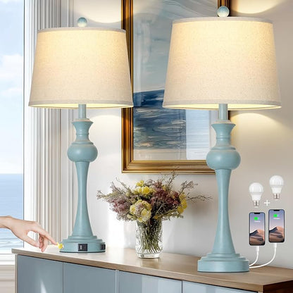 29" Coastal Table Lamp Set of 2, 3-Way Dimmable Touch-Control Bedside Lamps with USB-A+C Ports, Vintage Farmhouse Nightstand Lamps for Bedroom, Retro Blue (Includes 2 LED Bulbs)
