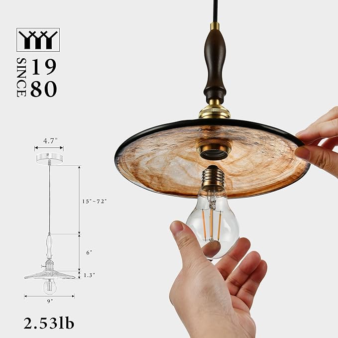 Modern Amber Glass Pendant Light, 9"x7.3" Wide Disc-Shaped Hanging Fixture with Wood & Brass Detail, 15"-72" Adjustable Line, E26 Socket – Golden Amber Disc