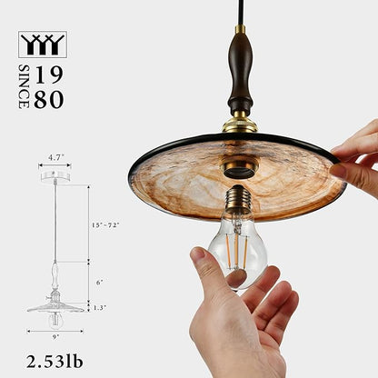 Modern Amber Glass Pendant Light, 9"x7.3" Wide Disc-Shaped Hanging Fixture with Wood & Brass Detail, 15"-72" Adjustable Line, E26 Socket – Golden Amber Disc