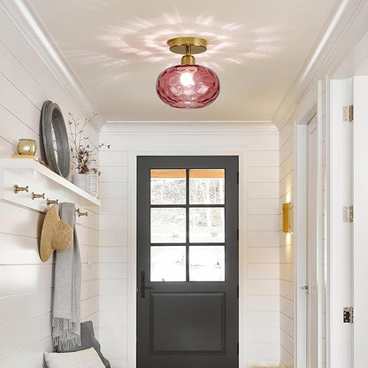 Red Glass Semi Flush Mount Ceiling Light - 2 Pack,7.9 Inch Small Hammered Art Deco Glass Hallway Light fixtures, Vintage Gold Flush Mount Ceiling Light for entryway Foyer Laundry Room Kitchen