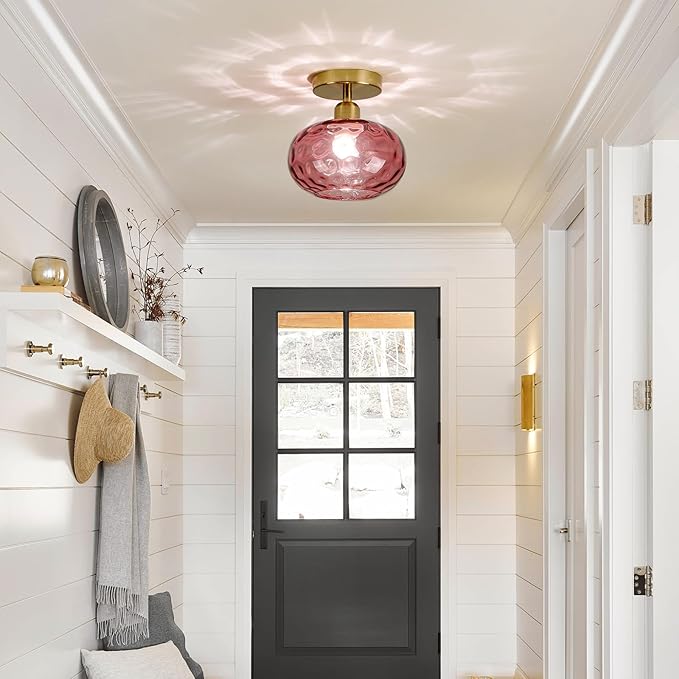 Red Glass Semi Flush Mount Ceiling Light - 7.9 Inch Hammered Art Deco Glass Small Hallway Light fixtures, Vintage Gold Flush Mount Ceiling Light for entryway Foyer Laundry Room Kitchen