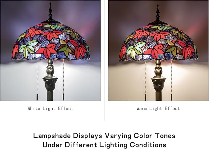 Tiffany Floor Lamp, 16" Stained Glass Maple Leaf Shade with Antique Bronze Base, 2-Light E26 Pull Chain Standing Reading Light for Living Room Bedroom16x16x64 Inches (Purple Blue Maple Leaf)