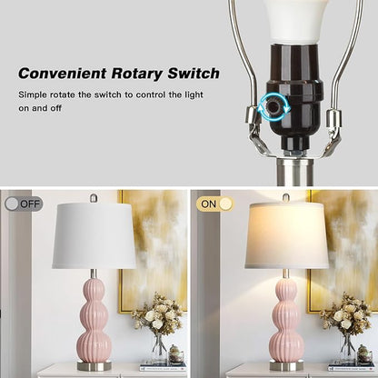 28" Pink Ceramic Table Lamps Set of 2, Modern Bedside Lamps for Night Stands, Triple Gourd Table Lamp for Living Room End Table or Bedroom Nightstand (2 LED Bulbs Included)