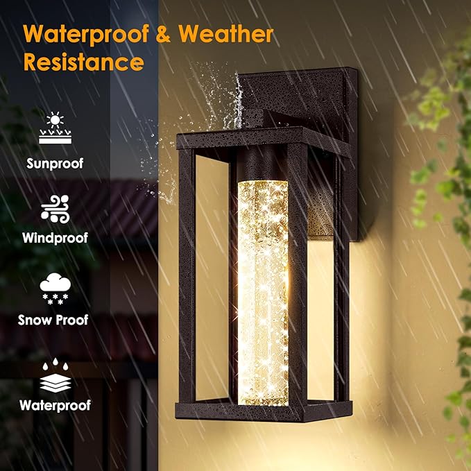2-Pack Outdoor Wall Lights Fixture, Exterior Waterproof Outdoor Wall Sconces Lantern with Crystal Bubble Glass, Modern Brown Outside Lighting for Porch, House, Patio, Front Door