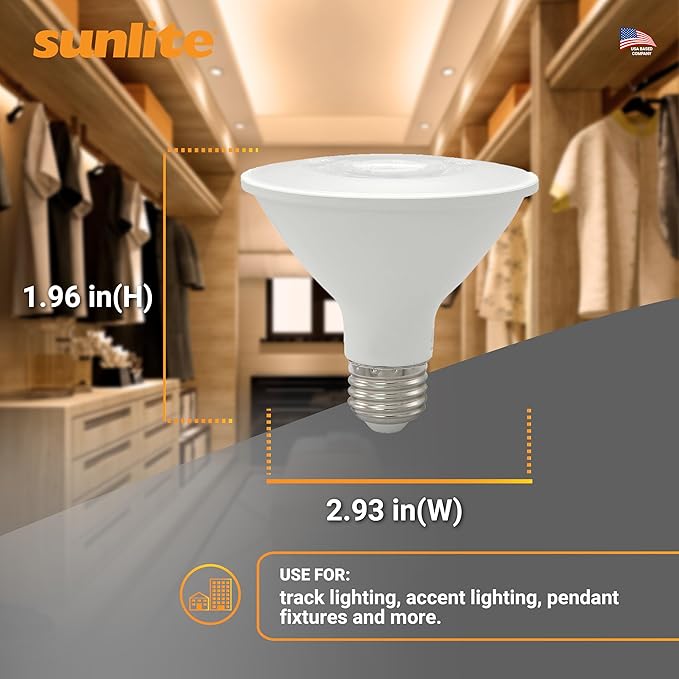 Sunlite Reflector PAR30 LED Bulb, Spotlight, 9W (75W=), 750 Lmns, Medium E26 Base, 90 CRI, Dimmable, Decorative Track Lighting Use, ETL, Title-20 Compliant, Bulk, 24 Pack, 30K-Warm White