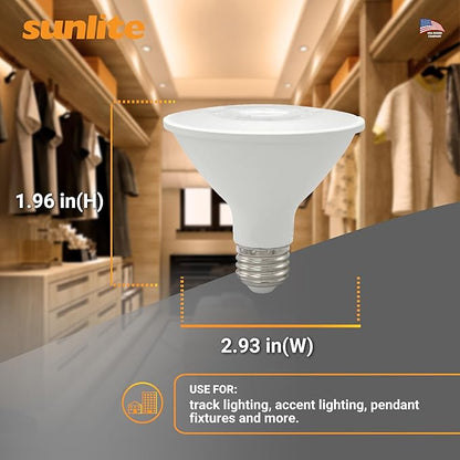 Sunlite Reflector PAR30 LED Bulb, Spotlight, 9W (75W=), 750 Lmns, Medium E26 Base, 90 CRI, Dimmable, Decorative Track Lighting Use, ETL, Title-20 Compliant, Bulk, 24 Pack, 30K-Warm White