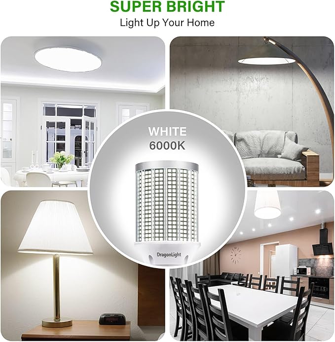 DragonLight 50W Super Bright LED Corn Light Bulbs (400 Watt Equivalent) - E26 Base LED Lamp 6000K Daylight 6,000 Lumens for Large Area Lighting, Pack of 2