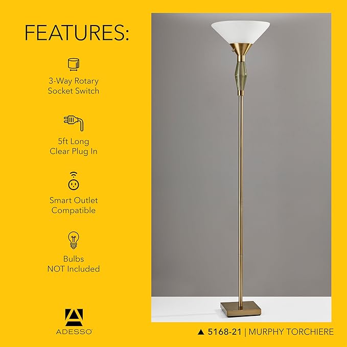 Adesso Torchiere Floor Lamp with Antique Brass Finish & Green Glass – 71” Tall, Dual Socket, Adjustable 3-Way Lighting for Bedroom or Living Room
