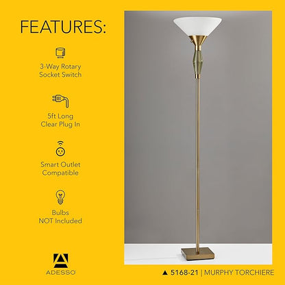 Adesso Torchiere Floor Lamp with Antique Brass Finish & Green Glass – 71” Tall, Dual Socket, Adjustable 3-Way Lighting for Bedroom or Living Room
