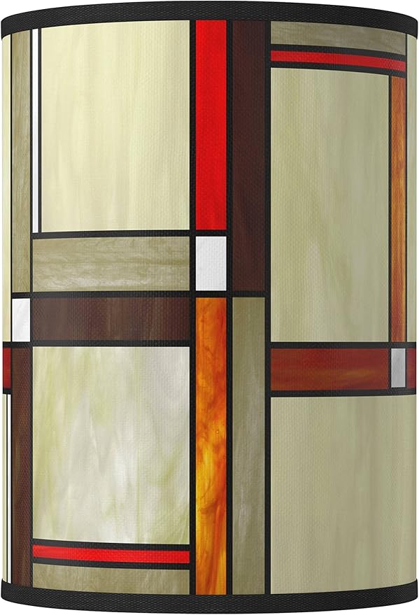 Cylinder Hardback Giclee Print Lamp Shade Modern Squares Orange Natural Medium 8" Top x 8" Bottom x 11" High Spider with Replacement Harp and Finial Fitting - Giclee Glow