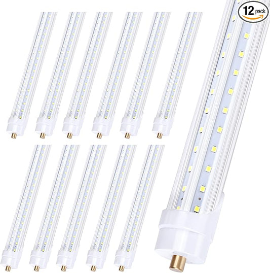 8 Foot LED Bulbs, 65W 6000K, T8 T10 T12 LED Tube Lights, FA8 Single Pin Bulb Lights, 270 Degree Angle, Ballast Bypass, Dual-End Powered, Replace Fluorescent Light Bulbs (12Pack)