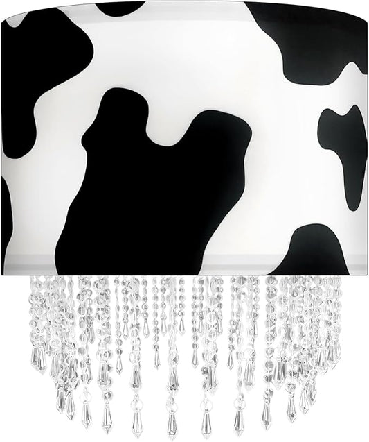 Black White Cow Print Lamp Shade with Acrylic Bead Droplets, Animal Drum Fabric Light Shade for Pendant Table & Floor Lamp, Cute Party Room Decor for Grandchild Kids Teens, 15.7in