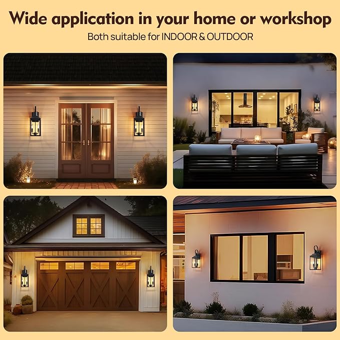 18.9" Black Dusk to Dawn Outdoor Lighting, 2-Light Industrial Porch Light with Clear Glass, Waterproof Farmhouse Outside Light Fixture Wall Mount for Porch, Patio, Garage (1 Pack)
