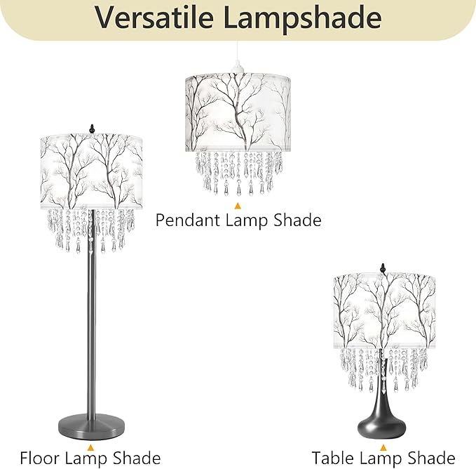 Winter Tree Branch Lamp Shade with Acrylic Bead Droplets, Branch Drum Fabric Light Shade for Pendant Table & Floor Lamp, Traditional Mordern Decor, 11.8in