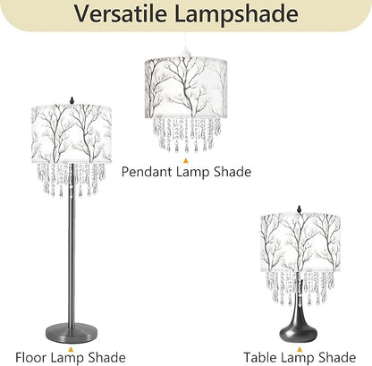 Winter Tree Branch Lamp Shade with Acrylic Bead Droplets, Branch Drum Fabric Light Shade for Pendant Table & Floor Lamp, Traditional Mordern Decor, 11.8in