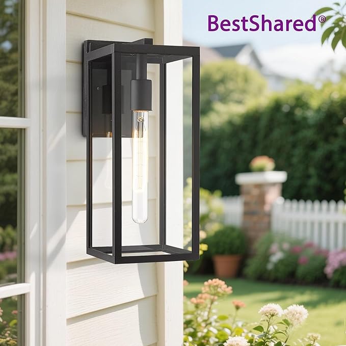 Bestshared Outdoor Wall Sconce Lights,15 Inch Exterior Wall Lantern with Clear Glass, Black Porch Sconce Lighting,Weather Resistant Outdoor Lights for House Garage Doorway Patio, E26 Socket (1 Pack)