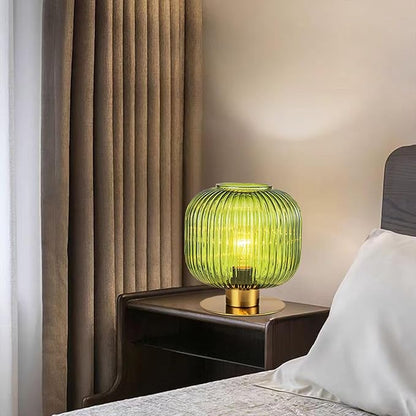 NKU Vintage Green Hand-Blown Ribbed Glass Table Lamp - Mid-Century Glare-Free Eye-Care Bedside Light for Bedroom Nightstand, Living Room, Office, Bookshelf & Corner