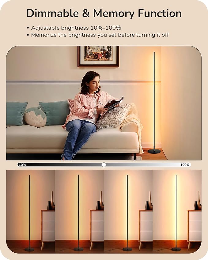 EDISHINE LED Corner Floor Lamp, 57.5" Minimalist Dimmable Sleek Light, Adjustable Height, Standing Tall Floor Lamps for Living Room, Bedroom, Office, 3000K Warm White Light, Black