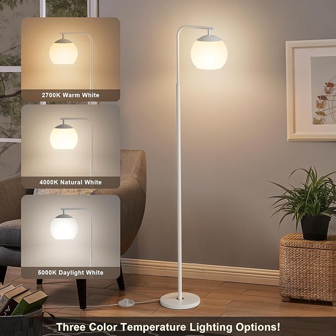 Modern Floor Lamps with Globe Shade, 3 Color Temperatures, Foot Switch, Mid Century Standing Lamp Tall for Bedroom, Living Room, Office, White