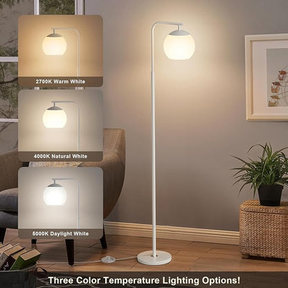 Modern Floor Lamps with Globe Shade, 3 Color Temperatures, Foot Switch, Mid Century Standing Lamp Tall for Bedroom, Living Room, Office, White