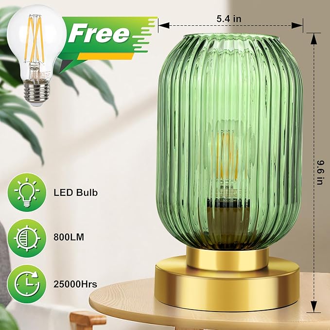 Mid Century Modern Table Lamp, Touch Control & 3 Way Dimmable, Green Ribbed Glass Shade, Small Gold, Vintage Bedside Lamp for Bedroom, Living Room,Office (Bulb Included)