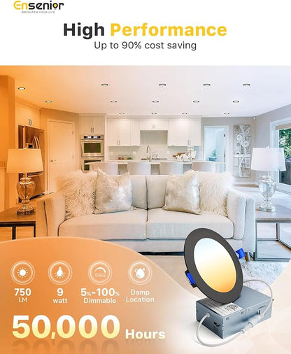 Ensenior 24 Pack 4 Inch LED Recessed Ceiling Light, Dimmable, 2700K-5000K 5CCT, 750LM 9W 120V, High Brightness Dimmable Canless Wafer Downlight - ETL&FCC&IC