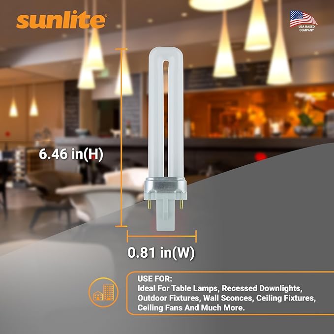 Sunlite Compact Fluorescent PL 2-Pin Single U-Shaped Twin Tube, 9 Watts, 120 Volts, 530 Lumens, 2700K Soft White, 2-Pin G23 Base, 10 Pack