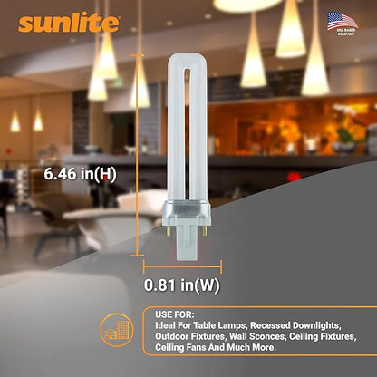 Sunlite Compact Fluorescent PL 2-Pin Single U-Shaped Twin Tube, 9 Watts, 120 Volts, 530 Lumens, 2700K Soft White, 2-Pin G23 Base, 10 Pack