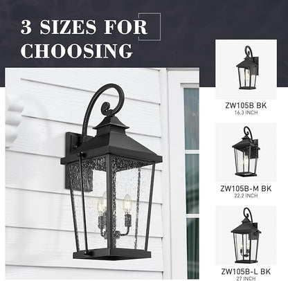 zeyu 27 Inch Outdoor Wall Lamp, 3-Light Large Outdoor Wall Lighting for House Porch, Die-Cast Aluminum in Black Finish, Seeded Glass, ZW105B-L BK