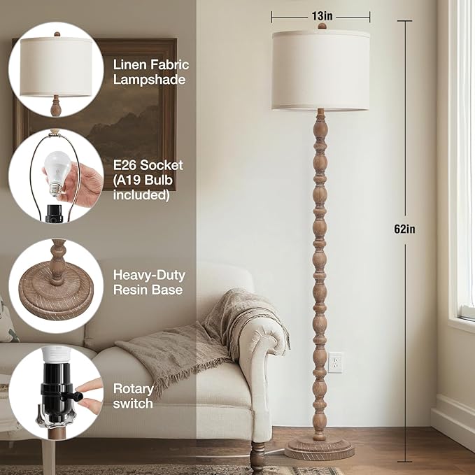 Luvkczc 62" Farmhouse Floor Lamp for Living Room & Bedroom - Adjustable Color Temperature Standing Lamp, Vintage Rustic Tall Floor Lamps with Rotary Switch, Resin Corner Lamps for Office (Dark Brown)