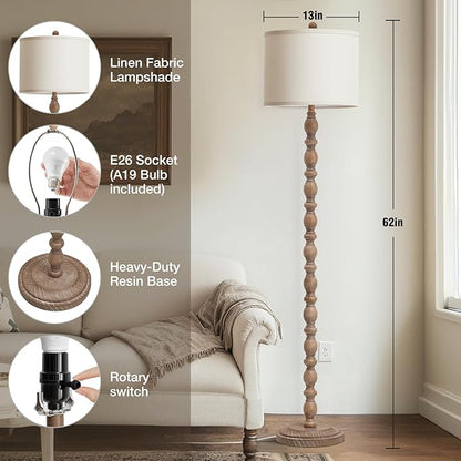 Luvkczc 62" Farmhouse Floor Lamp for Living Room & Bedroom - Adjustable Color Temperature Standing Lamp, Vintage Rustic Tall Floor Lamps with Rotary Switch, Resin Corner Lamps for Office (Dark Brown)