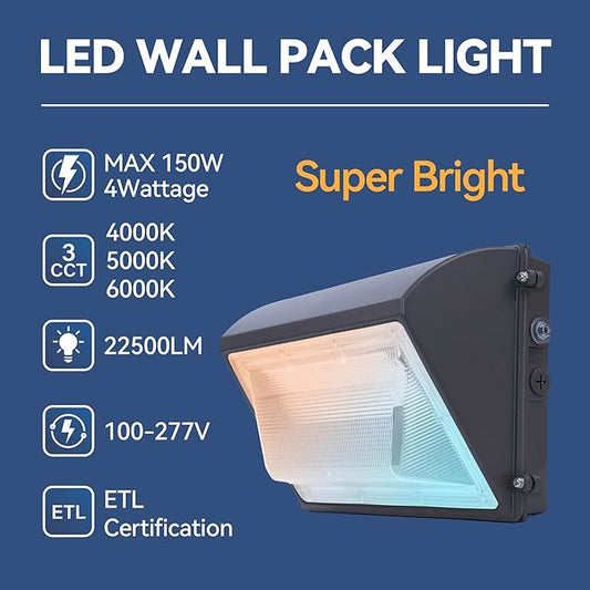 150W LED Wall Pack Light with Photocell 4Pack, 4000/5000/6500K 3CCT, 80/100/120/150W Selectable, LED Security Flood Commercial Outdoor Wall Lights for Parking Lot Barn Warehouses, 100-277V, ETL Listed