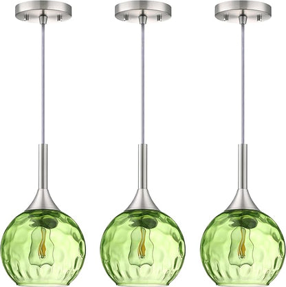 6.3" Dark Green Hammer Glass 3 Pack Rod Pendant Ceiling Light Fixture Brushed Nickel Finish Modern Farmhouse Dinning Over Sink Adjustable Height Cord