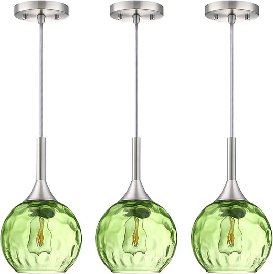 6.3" Dark Green Hammer Glass 3 Pack Rod Pendant Ceiling Light Fixture Brushed Nickel Finish Modern Farmhouse Dinning Over Sink Adjustable Height Cord
