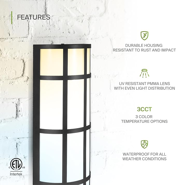 ASD 24 Inch LED Outdoor Wall Mount Light Fixture with Grid - Matte Black Modern Wall Sconce - 25W 120-277V 3000K 4000K 5000K Adjustable - Dimmable Exterior Lights - Front Door, Patio - ETL 2 Pack