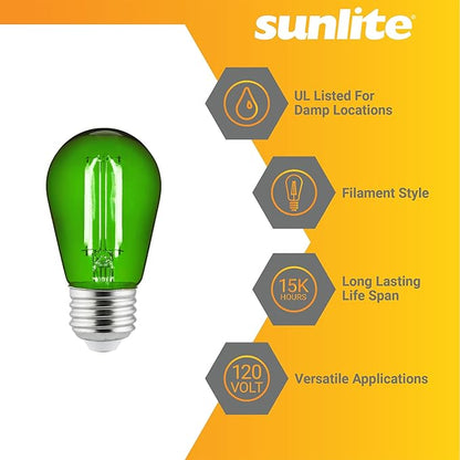 Sunlite LED S14 String Light Bulb, 2 Watts (25W Equivalent), Medium E26 Base, Party Decoration, Holiday Lighting, Transparent, Dimmable, UL Listed, Green, 6 Count