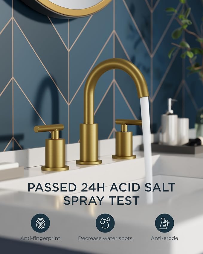 FORIOUS Brushed Gold Bathroom Faucet 3 Hole, 2 Handle 8 Inch Widespread Gold Sink Faucet Bathroom Vanity with 360 Degree Swivel Spout, with Pop Up Drain and cUPC Supply Line, for 6 to 12 in Sink