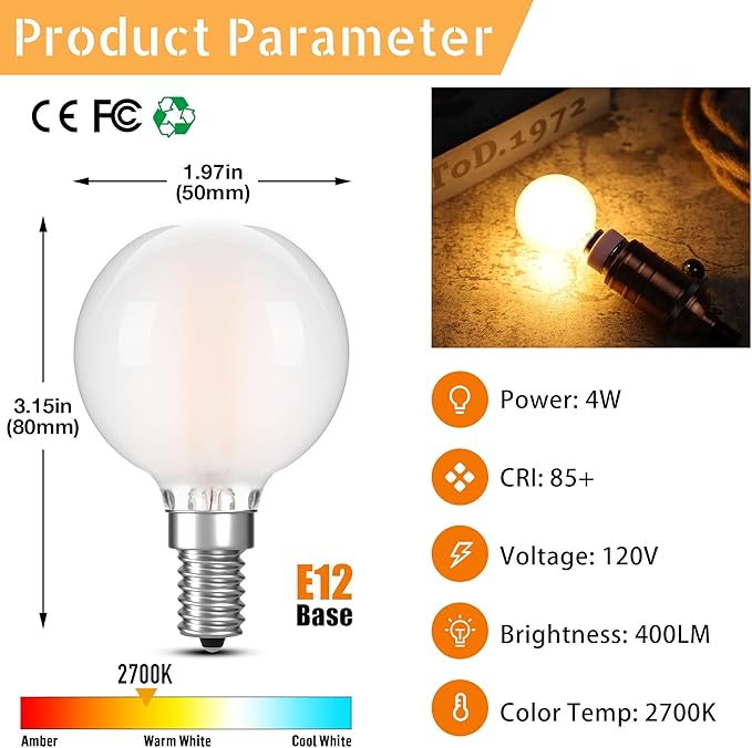 G16.5 LED Light Bulb 40W Equal 4W Type G Bulb,Dimmable Frosted E12 Globe Bulb,Round Candelabra Light Bulbs for Chandelier,Bathroom Vanity,Pendant,Warm White 2700K 400LM,Pack of 2