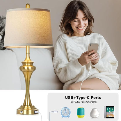 30 Inch Single Table Lamp for Bedside, 3-Way Touch Control Bedroom Table Lamp with USB A+C Ports, Tall Living Room Lamps for End Table, Modern Brass Lamps for Nightstand Desk Office, Gold