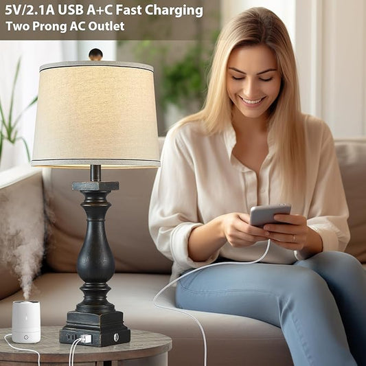 28" Tall Farmhouse Table Lamps Set of 2 with USB C+A Ports and AC Outlet, 3 Way Touch Control Rustic Bedside Lamp for Bedroom, Black Vintage Nightstand Lamp for Living Room Office