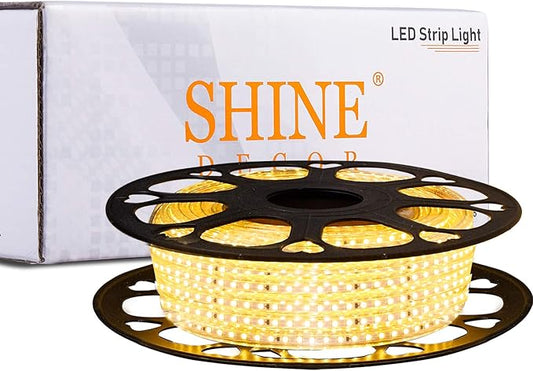 Shine Decor LED Strip Light 50FT 120VAC, Super Bright 6337 Lumens Dimmable, IP65 Waterproof for Outdoor Indoor, 3000K Warm White Every 1.6ft Cuttable Proselect Lighting Strip, 6x10mm ETL Listed