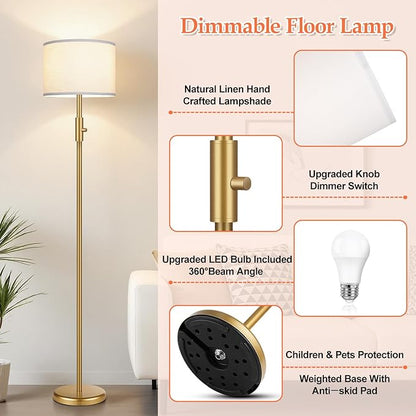 【Upgraded】 Dimmable Gold Floor Lamps for Living Room, 11W LED Bulb Included, Modern Standing Lamp with White Lamp Shade, Tall Pole Light for Bedroom Reading Office Corner Nursery
